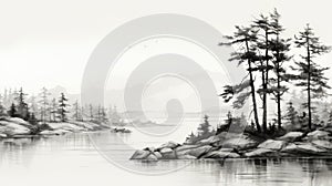 Black And White Watercolor Sketch Of Pine Trees By The Lake