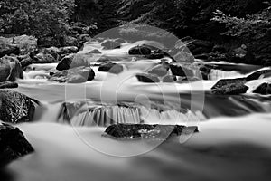 Black and white waterfall on the river Lyn near Lynmouth