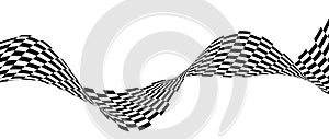 Black and white wavy bent ribbon element. Curved checkered stripe background. Liquid abstract line wallpaper for banner