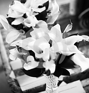 Black and white wedding bouquet of callas flowers