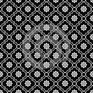 Black and White Wheel of Dharma Symbol Tile Pattern Repeat Backg