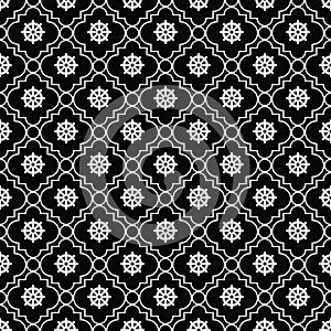 Black and White Wheel of Dharma Symbol Tile Pattern Repeat Backg photo