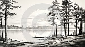 Black And White Wilderness Lake Drawing: Realistic Landscape Art