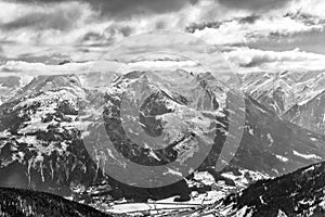 Black and white winter landscape in Alps