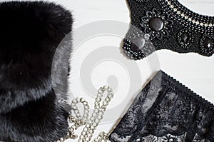 Black and white women accessories on the white backgroud. Lace g