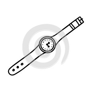 Black-white wrist watch on a belt. Doodle style. Not worn watch on the strap. at 3 o clock hours. Simple vector illustration drawn