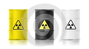 Black, white and yellow realistic barrel set with biohazard sign. Vector illustration.