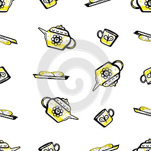 Black, white and yellow seamless pattern imaging a teapot, cup and a plate with two slices of lemon