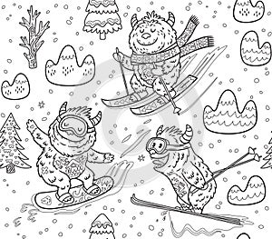 Black and white yeti skiing in the mountain seamless pattern. Vector illustration