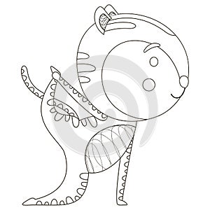 Black and white yogi tiger cub in Vyaghrasana asana. Printable outline children\'s illustration for coloring book.