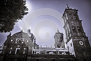 Black White Zocalo Park Cathedral Puebla Mexico