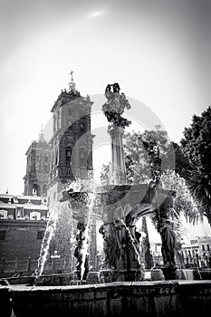 Black White Zocalo Park Plaza Cathedral Puebla Mexico photo