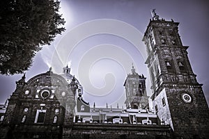 Black White Zocalo Park Cathedral Puebla Mexico photo