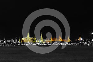 Black and whte effect with specific color of Wat pra kaew Public Temple Grand palace at night, Bangkok Thailand