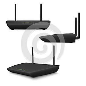 Black wi fi router front side view set realistic template vector wireless internet broadcasting