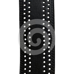 Black wide leather belt with multiple perforations on white background