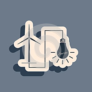 Black Wind mill turbine generating power energy and glowing light bulb icon isolated on grey background. Natural