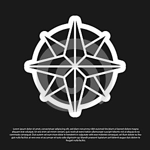 Black Wind rose icon isolated on black background. Compass icon for travel. Navigation design. Vector Illustration