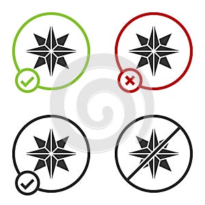 Black Wind rose icon isolated on white background. Compass icon for travel. Navigation design. Circle button. Vector