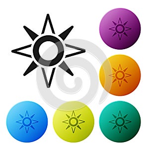 Black Wind rose icon isolated on white background. Compass icon for travel. Navigation design. Set icons in color circle