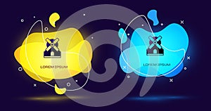 Black Windmill icon isolated on black background. Abstract banner with liquid shapes. Vector