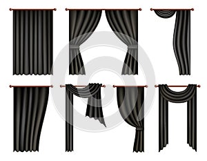 Black window curtain and drape mockup set, vector isolated illustration. Realistic hanging fluttering curtains.