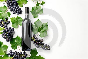 Black wine bottle and grapes on white background, elegant and fresh wine concept