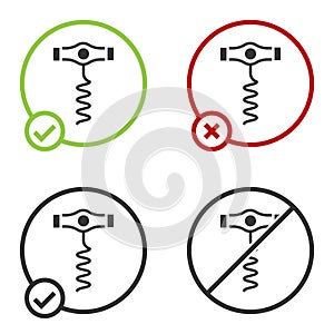 Black Wine corkscrew icon isolated on white background. Circle button. Vector