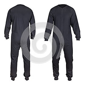 Black winter thermal underwear set on white background front and back view