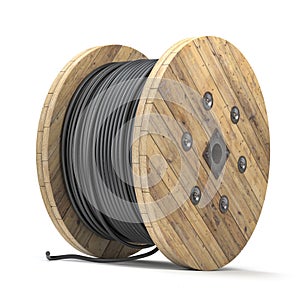 Black wire electric cable on wooden coil or spool isolated on white background