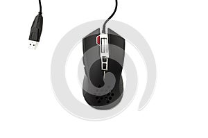 Black wired computer mouse on white background