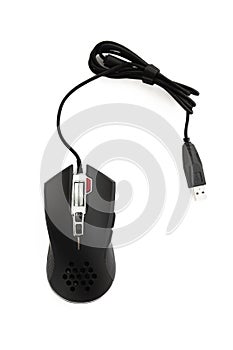 Black wired computer mouse on white background