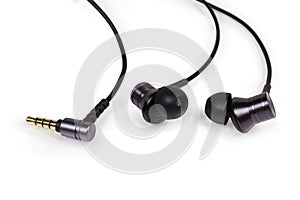 Black wired in-ear earphones close-up on white background