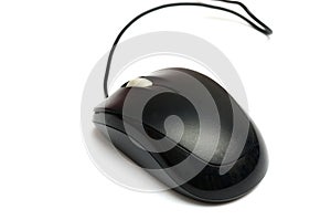 A black wired USB computer peripheral interface mouse white backdrop