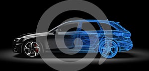 Black and wireframe generic and unbranded car. 3D illustration