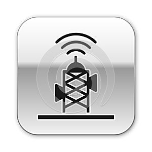 Black Wireless antenna icon isolated on white background. Technology and network signal radio antenna. Silver square