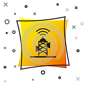Black Wireless antenna icon isolated on white background. Technology and network signal radio antenna. Yellow square