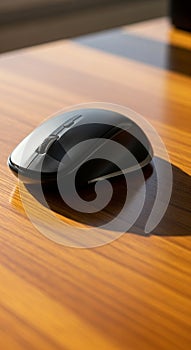 A black wireless computer mouse rests on a wooden surface. The mouse has a sleek