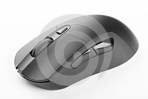 Black wireless computer mouse on a white background