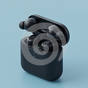 Black wireless earbuds resting in an open, matte black charging case against a light