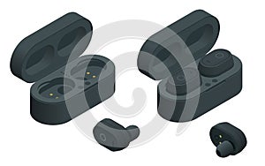 Black Wireless Earphones and Case isolated on a white background. Bluetooth headphones in isometric design. Bluetooth