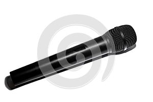Black wireless microphone, on white background.