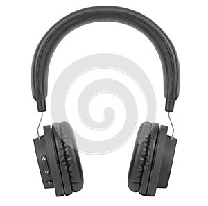 Black wireless modern headphones with earmuffs Isolated on White Background. Music concept. Flat lay, top view