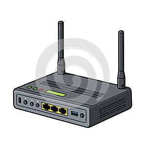 Black wireless router illustration with two antennas, featuring front indicator lights in
