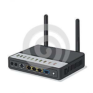 Black wireless router with two antennas and a streamlined rectangular design. The