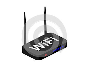 Black wireless wi-fi router with black antenna. Isometric modern design. Vector illustration