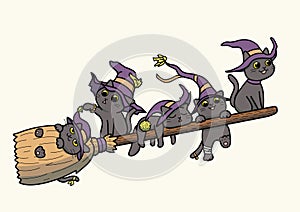 Black witch cats flying on a broomstick â€“ vector cartoon