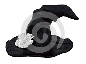 Black witch hat with a white flower on a white background isolated 3d rendering