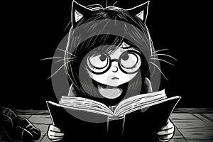 Black Witch\'s Cat reading the Book of Dark Magic. Hammer of the witches. Malleus Maleficarum. Book of spells. illustration photo