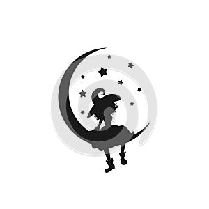 Black witch sits on the crescent in the night sky. Half moon and stars and hag in hat